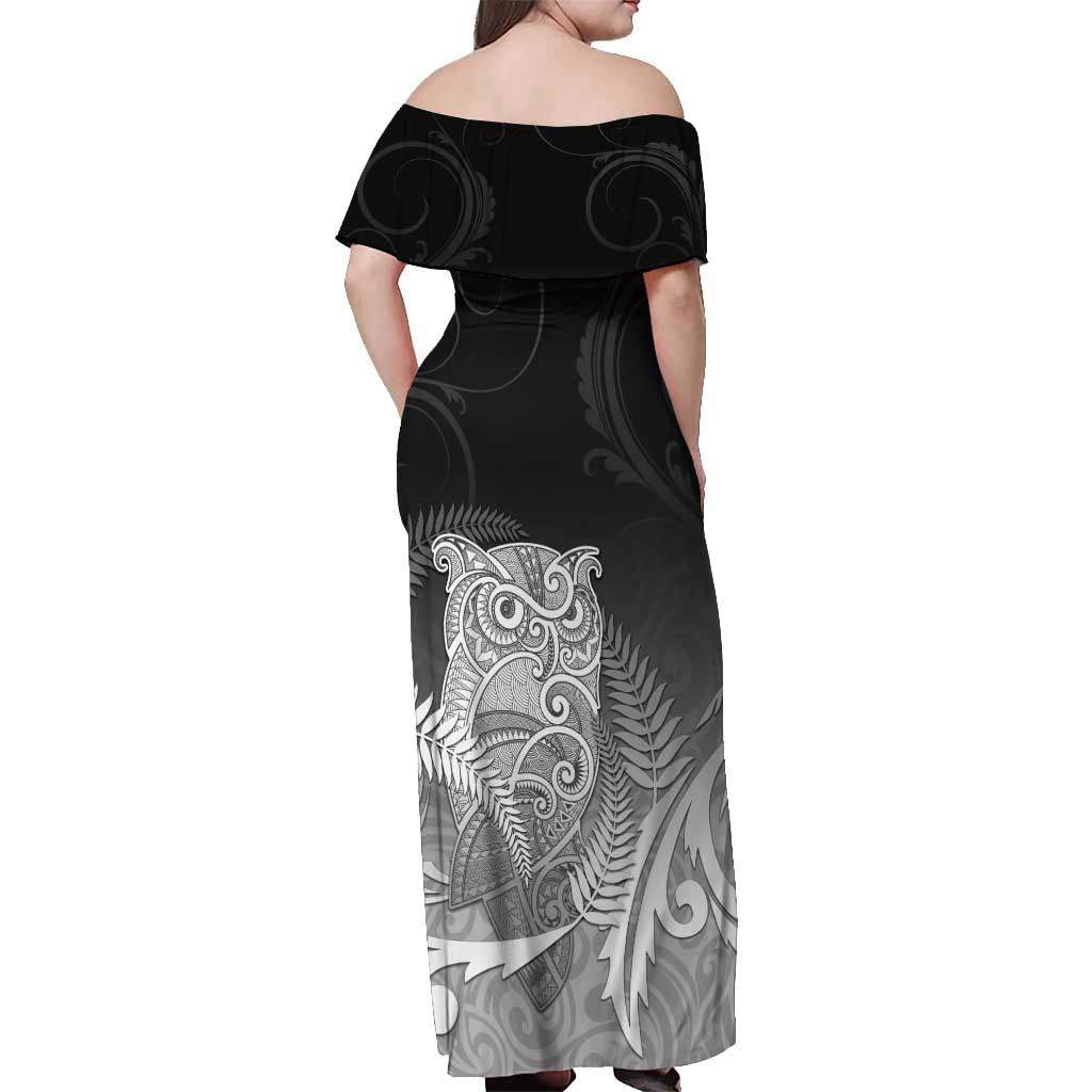 New Zealand Aotearoa Ruru Off Shoulder Maxi Dress Maori Fern Art Black LT05 - Polynesian Pride