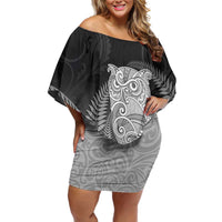 New Zealand Aotearoa Ruru Off Shoulder Short Dress Maori Fern Art Black LT05 Women Black - Polynesian Pride