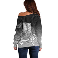 New Zealand Aotearoa Ruru Off Shoulder Sweater Maori Fern Art Black LT05 - Polynesian Pride