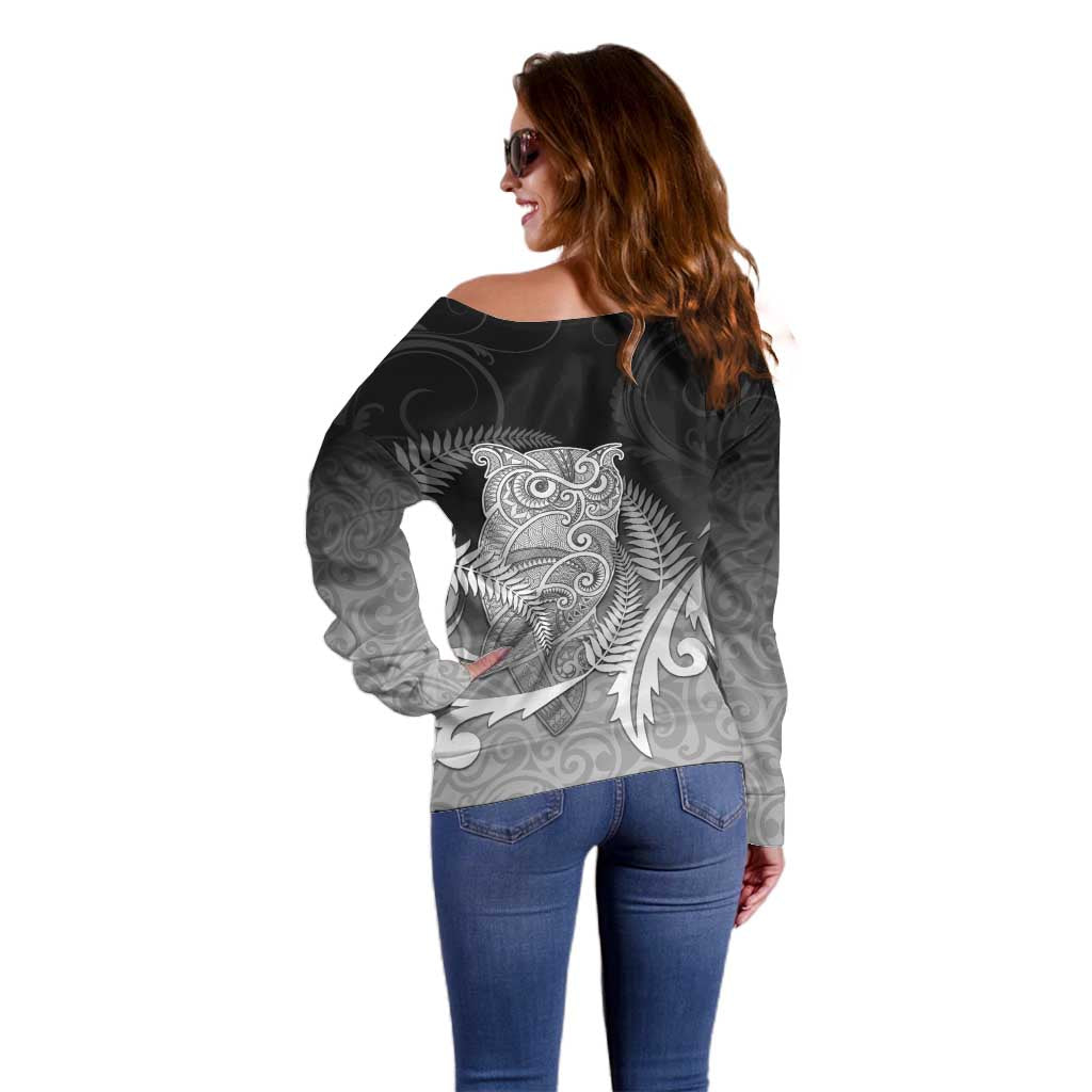 New Zealand Aotearoa Ruru Off Shoulder Sweater Maori Fern Art Black LT05 - Polynesian Pride