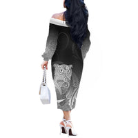 New Zealand Aotearoa Ruru Off The Shoulder Long Sleeve Dress Maori Fern Art Black LT05 - Polynesian Pride