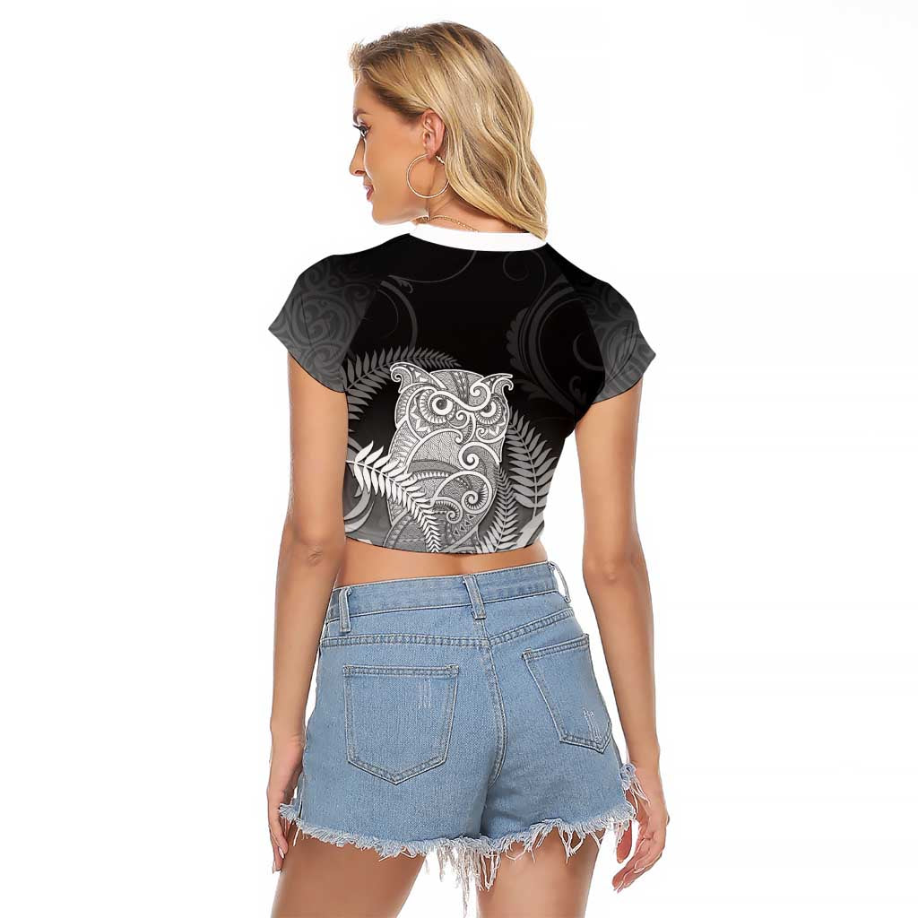New Zealand Aotearoa Ruru Raglan Cropped T Shirt Maori Fern Art Black LT05 - Polynesian Pride