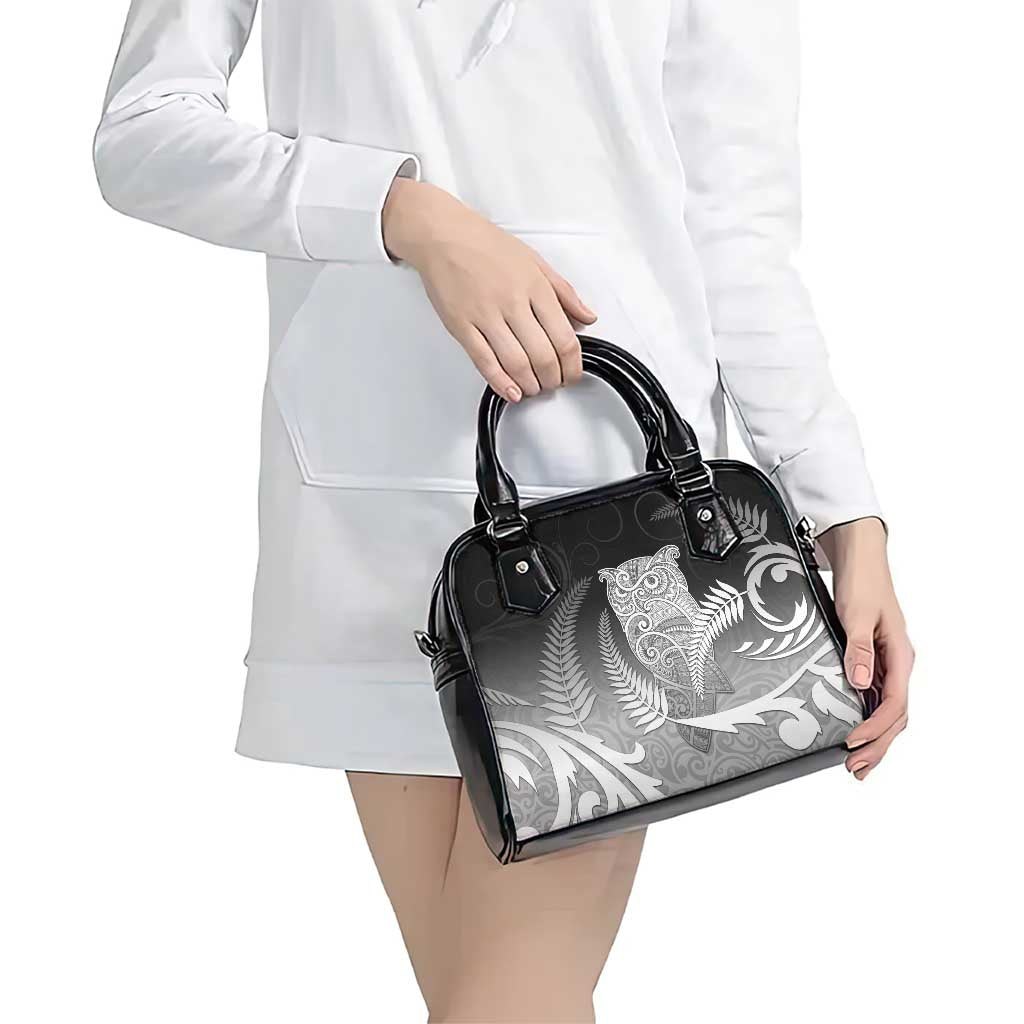 New Zealand Aotearoa Ruru Shoulder Handbag Maori Fern Art Black