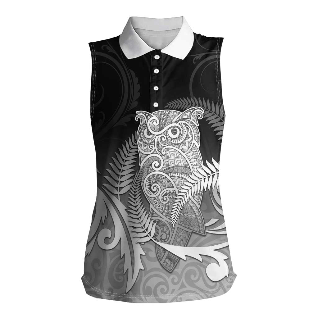 New Zealand Aotearoa Ruru Women Sleeveless Polo Shirt Maori Fern Art Black LT05 Female Black - Polynesian Pride