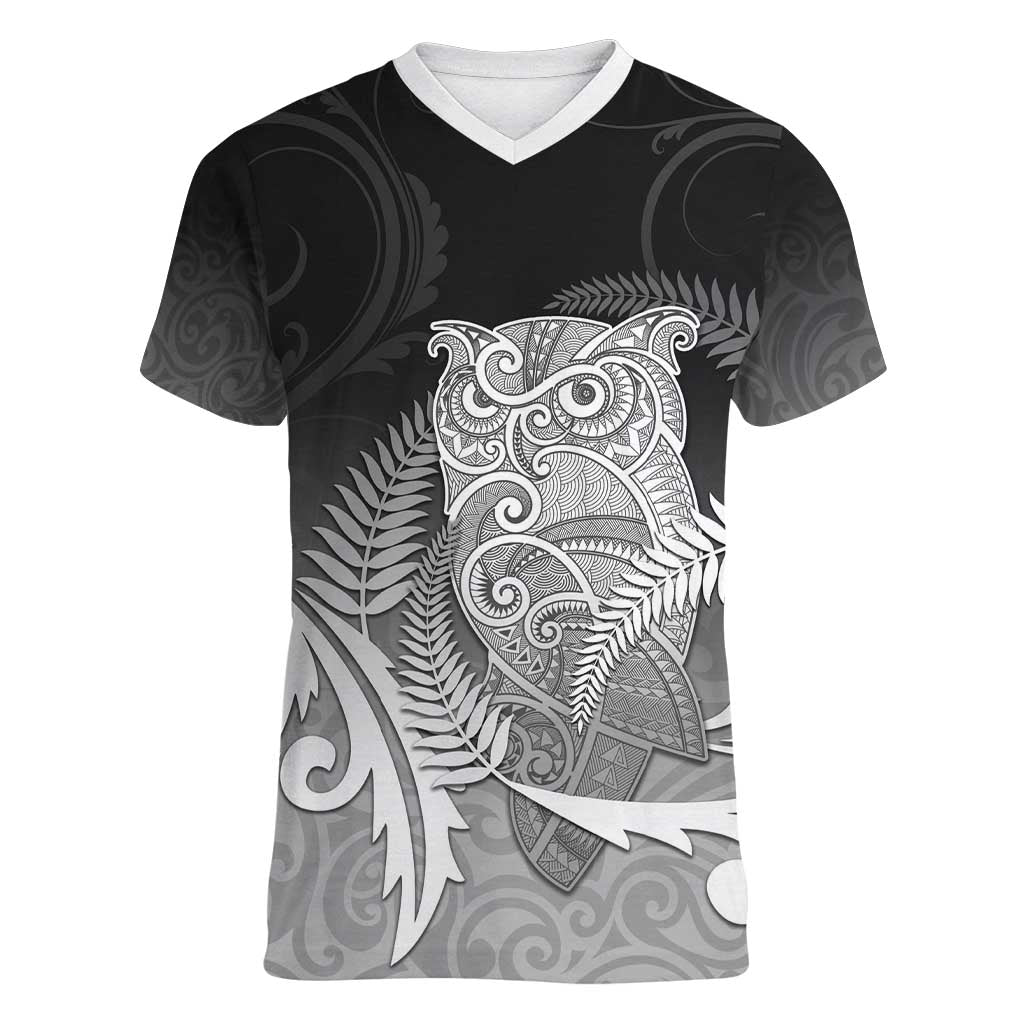 New Zealand Aotearoa Ruru Women V-Neck T-Shirt Maori Fern Art Black LT05 Female Black - Polynesian Pride