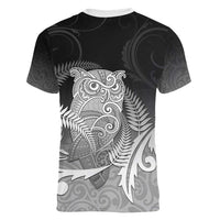 New Zealand Aotearoa Ruru Women V-Neck T-Shirt Maori Fern Art Black LT05 - Polynesian Pride