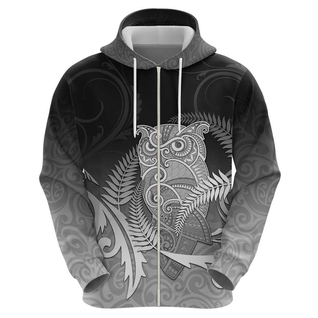 New Zealand Aotearoa Ruru Zip Hoodie Maori Fern Art Black LT05 - Polynesian Pride