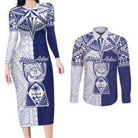 Personalised Northern Mariana Islands And Guam Couples Matching Long Sleeve Bodycon Dress and Long Sleeve Button Shirt Latte Stone With Tribal Pattern LT05 Blue - Polynesian Pride