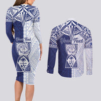 Personalised Northern Mariana Islands And Guam Couples Matching Long Sleeve Bodycon Dress and Long Sleeve Button Shirt Latte Stone With Tribal Pattern LT05 - Polynesian Pride
