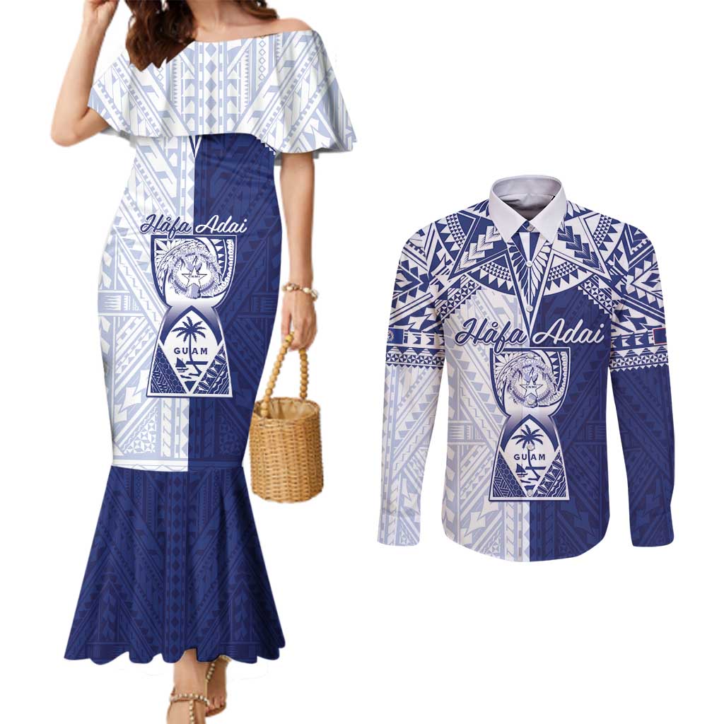 Personalised Northern Mariana Islands And Guam Couples Matching Mermaid Dress and Long Sleeve Button Shirt Latte Stone With Tribal Pattern LT05 Blue - Polynesian Pride