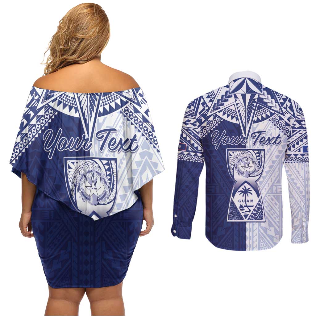Personalised Northern Mariana Islands And Guam Couples Matching Off Shoulder Short Dress and Long Sleeve Button Shirt Latte Stone With Tribal Pattern LT05 - Polynesian Pride