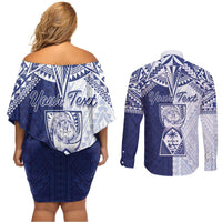 Personalised Northern Mariana Islands And Guam Couples Matching Off Shoulder Short Dress and Long Sleeve Button Shirt Latte Stone With Tribal Pattern LT05 - Polynesian Pride