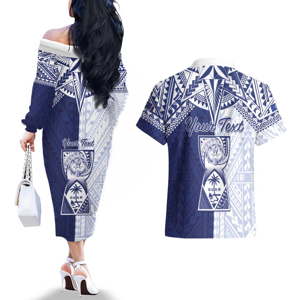 Personalised Northern Mariana Islands And Guam Couples Matching Off The Shoulder Long Sleeve Dress and Hawaiian Shirt Latte Stone With Tribal Pattern LT05 - Polynesian Pride