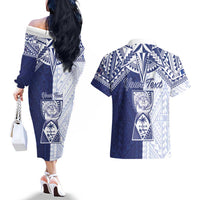Personalised Northern Mariana Islands And Guam Couples Matching Off The Shoulder Long Sleeve Dress and Hawaiian Shirt Latte Stone With Tribal Pattern LT05 - Polynesian Pride