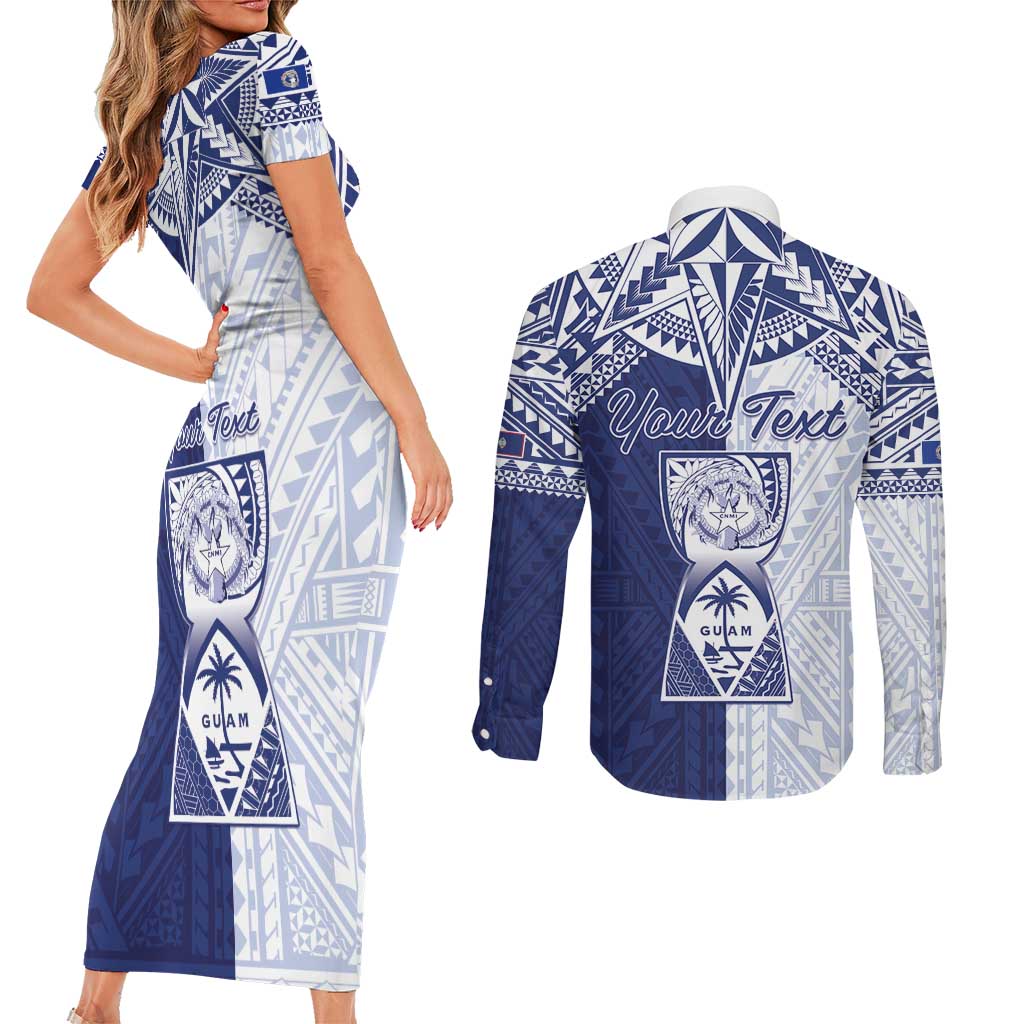 Personalised Northern Mariana Islands And Guam Couples Matching Short Sleeve Bodycon Dress and Long Sleeve Button Shirt Latte Stone With Tribal Pattern LT05 - Polynesian Pride