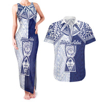 Personalised Northern Mariana Islands And Guam Couples Matching Tank Maxi Dress and Hawaiian Shirt Latte Stone With Tribal Pattern LT05 Blue - Polynesian Pride