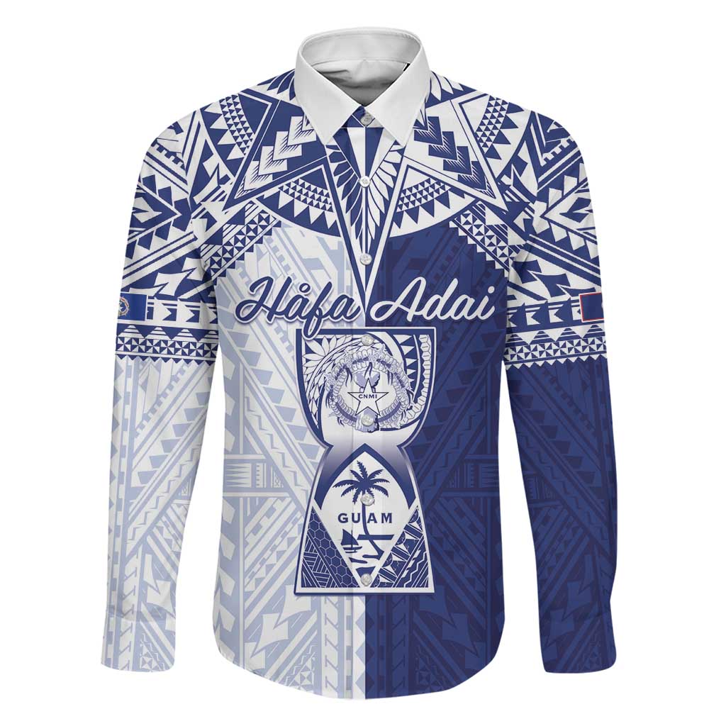 Personalised Northern Mariana Islands And Guam Family Matching Off The Shoulder Long Sleeve Dress and Hawaiian Shirt Latte Stone With Tribal Pattern LT05 Dad's Shirt - Long Sleeve Blue - Polynesian Pride