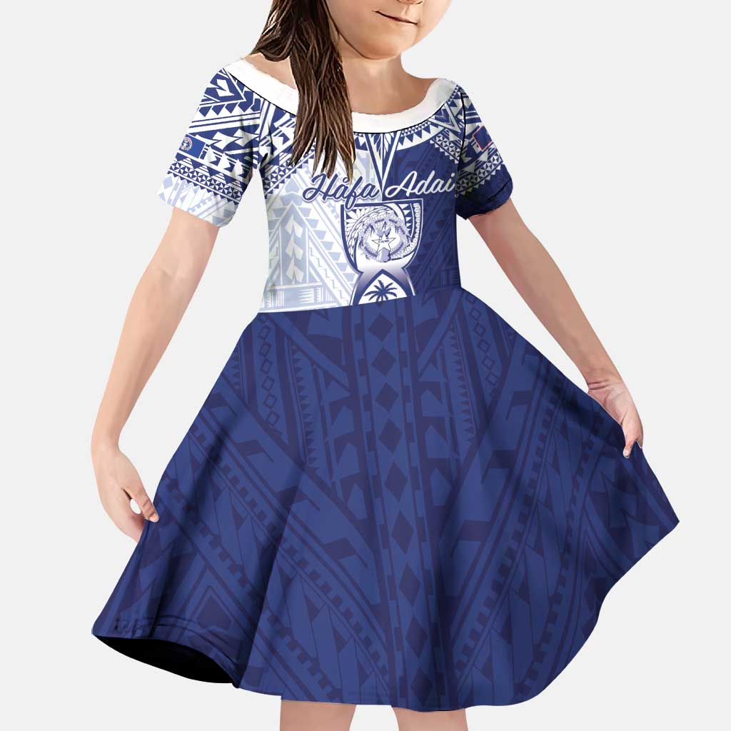 Personalised Northern Mariana Islands And Guam Family Matching Off Shoulder Maxi Dress and Hawaiian Shirt Latte Stone With Tribal Pattern LT05 Daughter's Dress Blue - Polynesian Pride