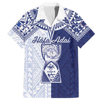Personalised Northern Mariana Islands And Guam Family Matching Off Shoulder Maxi Dress and Hawaiian Shirt Latte Stone With Tribal Pattern LT05 Dad's Shirt - Short Sleeve Blue - Polynesian Pride