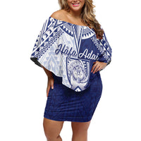 Personalised Northern Mariana Islands And Guam Family Matching Off Shoulder Short Dress and Hawaiian Shirt Latte Stone With Tribal Pattern LT05 Mom's Dress Blue - Polynesian Pride