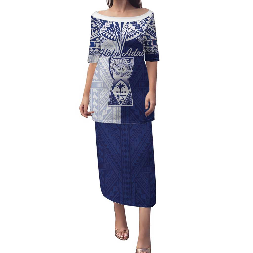 Personalised Northern Mariana Islands And Guam Family Matching Puletasi and Hawaiian Shirt Latte Stone With Tribal Pattern LT05 Mom's Dress Blue - Polynesian Pride