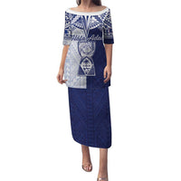 Personalised Northern Mariana Islands And Guam Family Matching Puletasi and Hawaiian Shirt Latte Stone With Tribal Pattern LT05 Mom's Dress Blue - Polynesian Pride