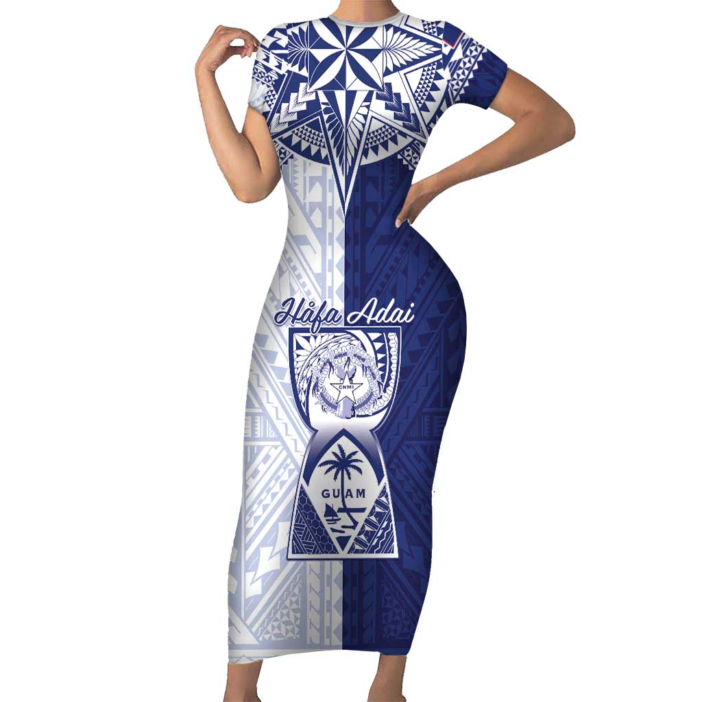 Personalised Northern Mariana Islands And Guam Family Matching Short Sleeve Bodycon Dress and Hawaiian Shirt Latte Stone With Tribal Pattern LT05 Mom's Dress Blue - Polynesian Pride