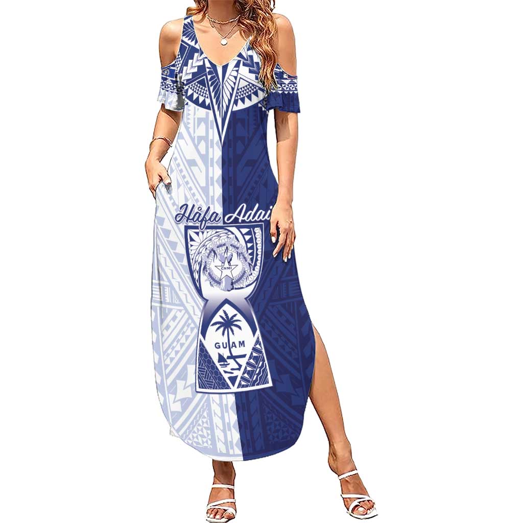 Personalised Northern Mariana Islands And Guam Family Matching Summer Maxi Dress and Hawaiian Shirt Latte Stone With Tribal Pattern LT05 Mom's Dress Blue - Polynesian Pride