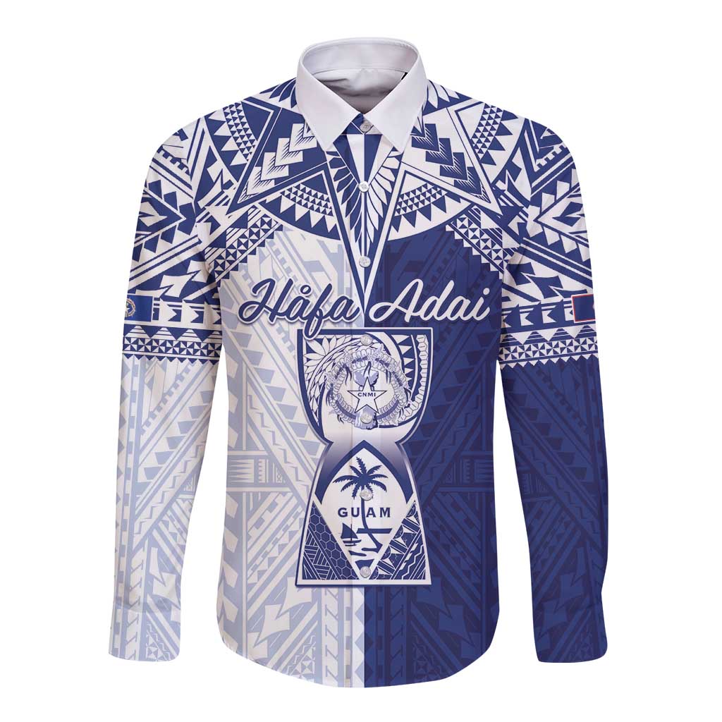 Personalised Northern Mariana Islands And Guam Long Sleeve Button Shirt Latte Stone With Tribal Pattern LT05 Unisex Blue - Polynesian Pride