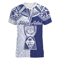 Personalised Northern Mariana Islands And Guam Women V-Neck T-Shirt Latte Stone With Tribal Pattern LT05 Female Blue - Polynesian Pride
