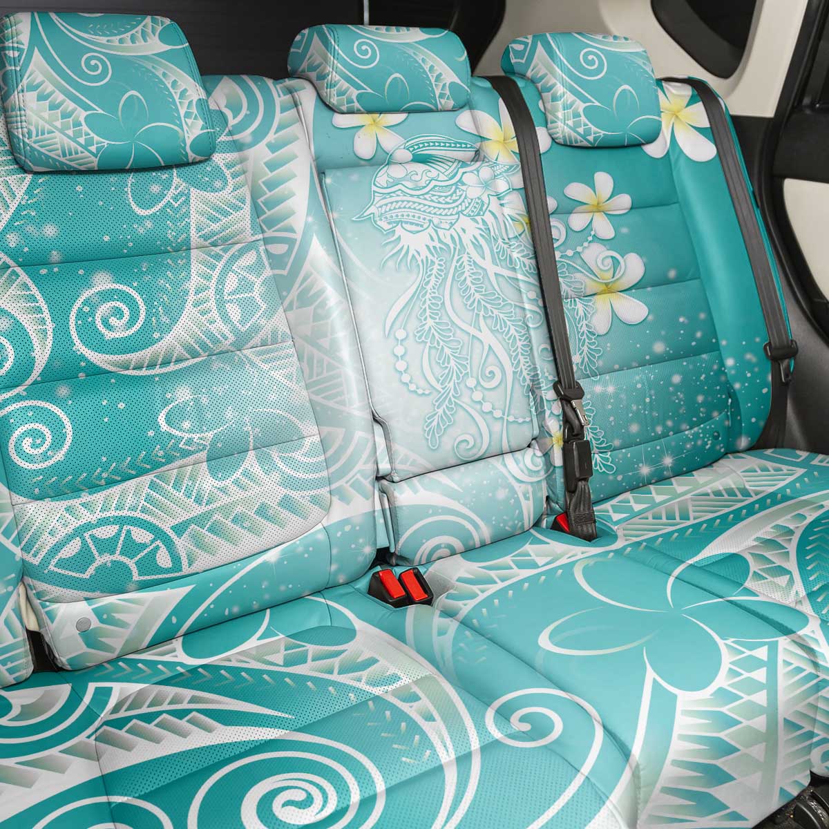 Polynesian Jellyfish Back Car Seat Cover With Plumeria Teal