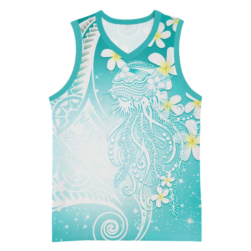 Polynesian Jellyfish Basketball Jersey With Plumeria Teal