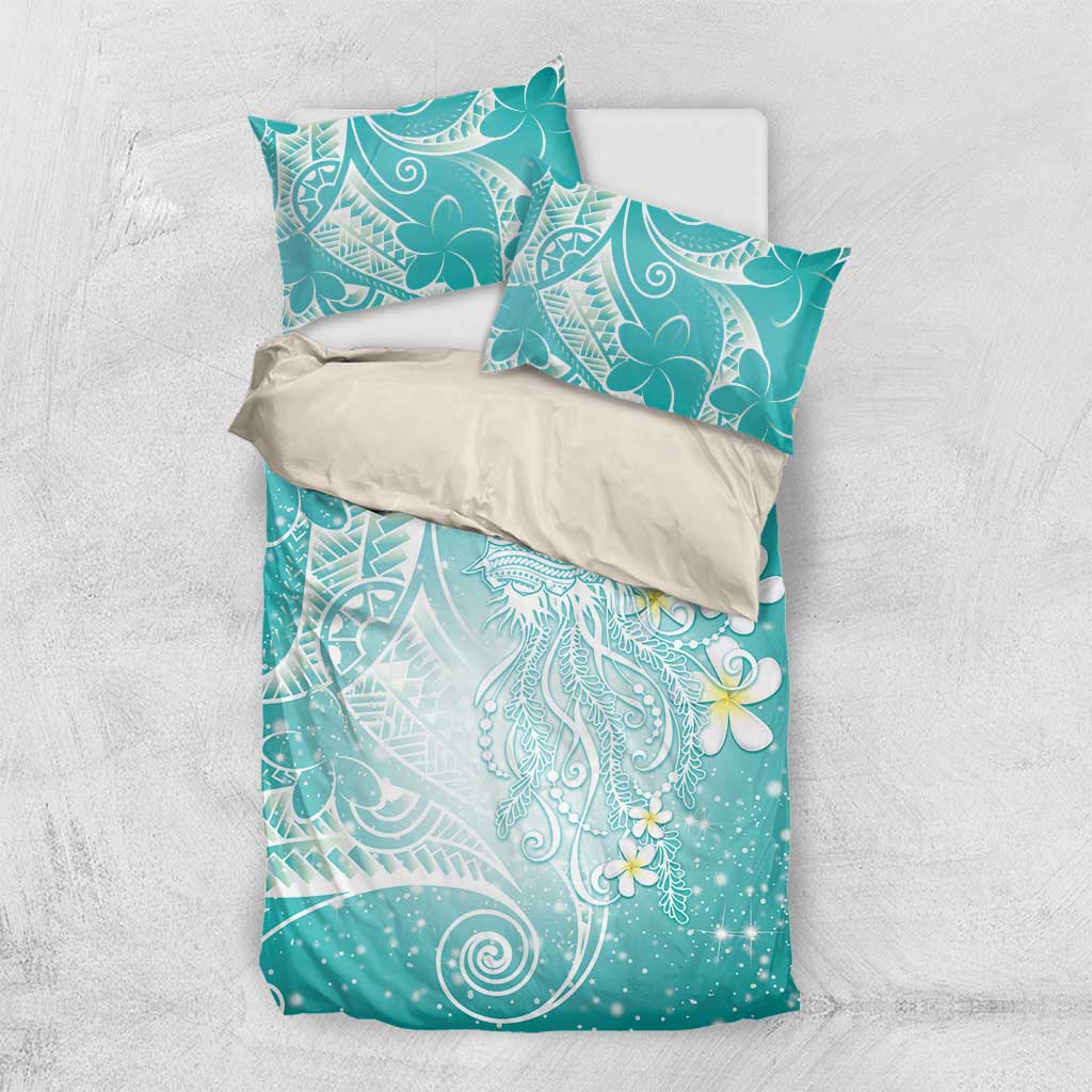 Polynesian Jellyfish Bedding Set With Plumeria Teal