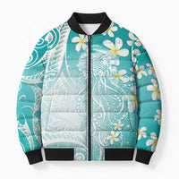 Polynesian Jellyfish Bomber Puffer Jacket With Plumeria Teal