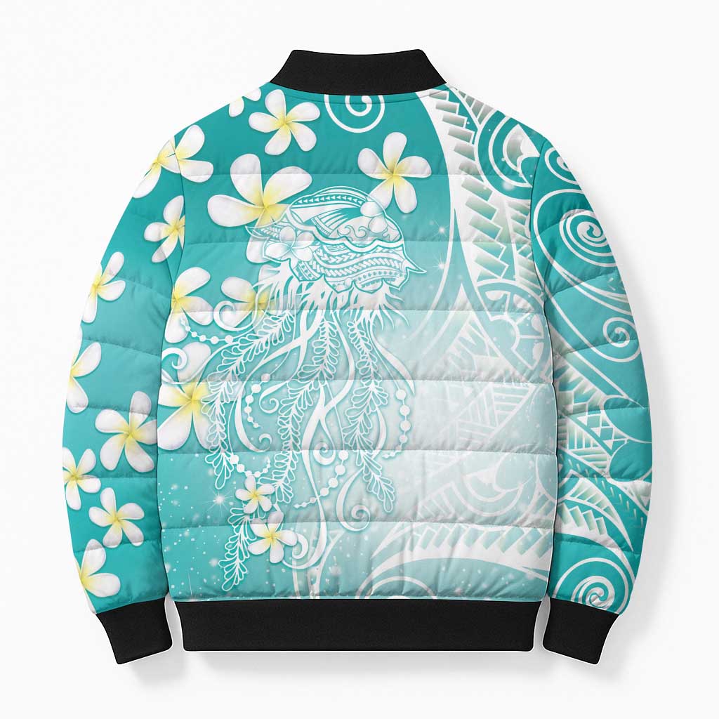 Polynesian Jellyfish Bomber Puffer Jacket With Plumeria Teal