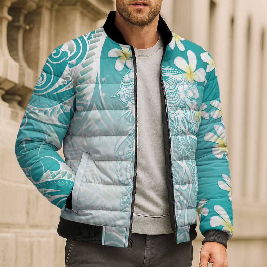 Polynesian Jellyfish Bomber Puffer Jacket With Plumeria Teal