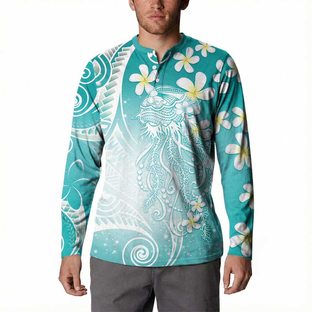 Polynesian Jellyfish Button Sweatshirt With Plumeria Teal