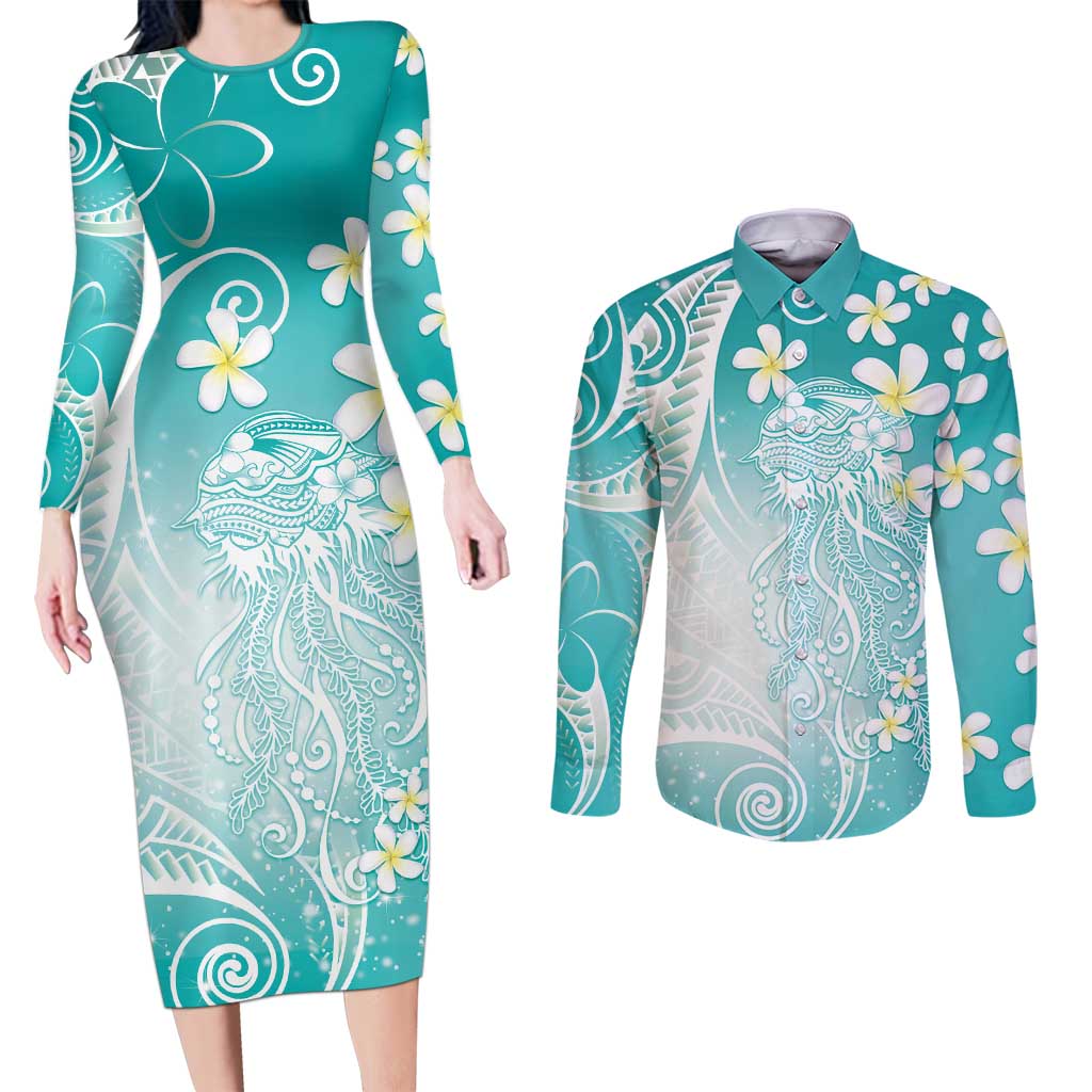 Polynesian Jellyfish Couples Matching Long Sleeve Bodycon Dress and Long Sleeve Button Shirt With Plumeria Teal LT05 Teal - Polynesian Pride