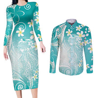 Polynesian Jellyfish Couples Matching Long Sleeve Bodycon Dress and Long Sleeve Button Shirt With Plumeria Teal LT05 Teal - Polynesian Pride