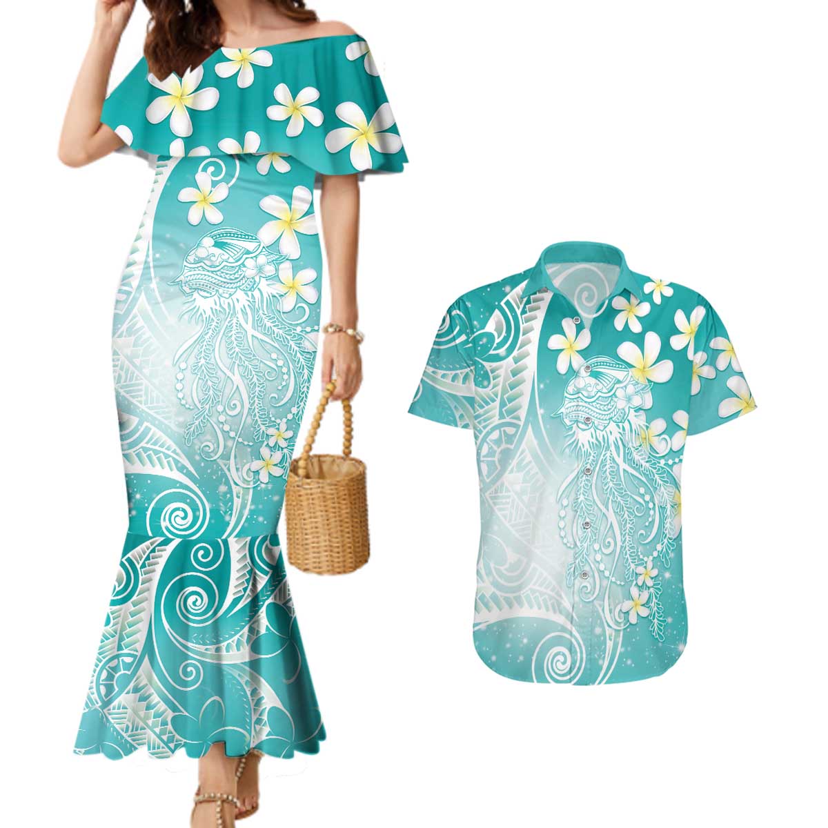 Polynesian Jellyfish Couples Matching Mermaid Dress and Hawaiian Shirt With Plumeria Teal LT05 Teal - Polynesian Pride