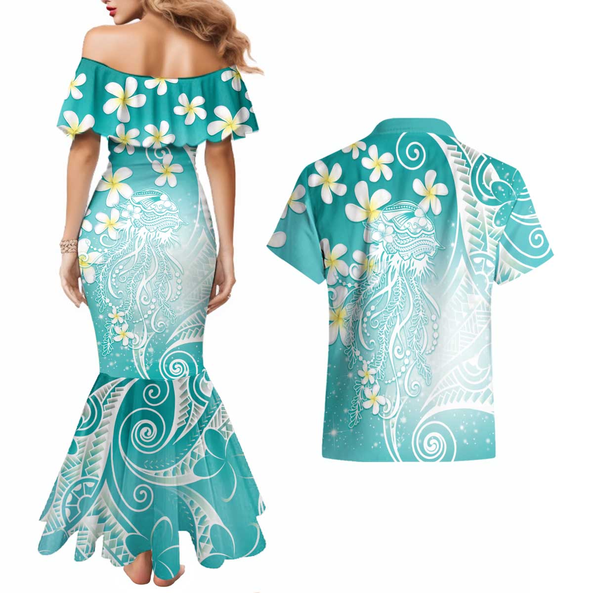 Polynesian Jellyfish Couples Matching Mermaid Dress and Hawaiian Shirt With Plumeria Teal LT05 - Polynesian Pride