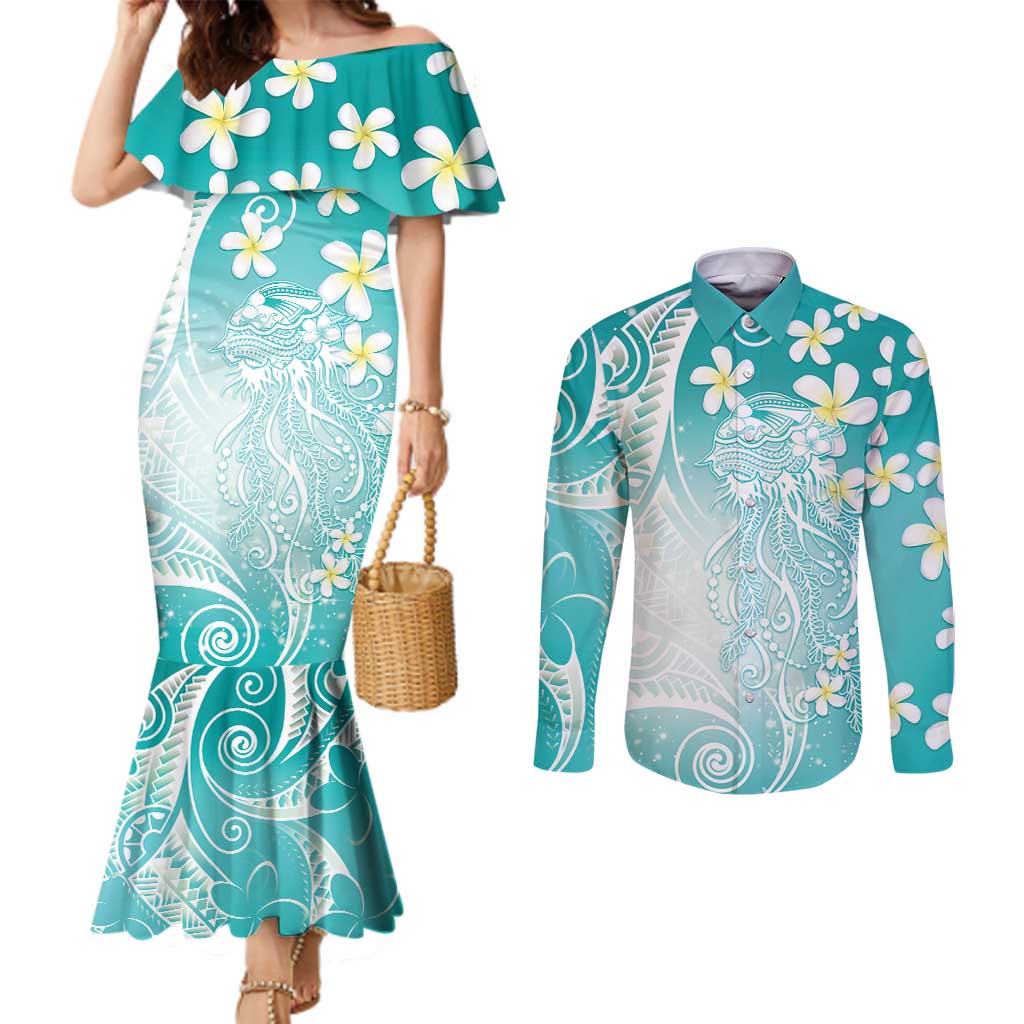 Polynesian Jellyfish Couples Matching Mermaid Dress and Long Sleeve Button Shirt With Plumeria Teal LT05 Teal - Polynesian Pride