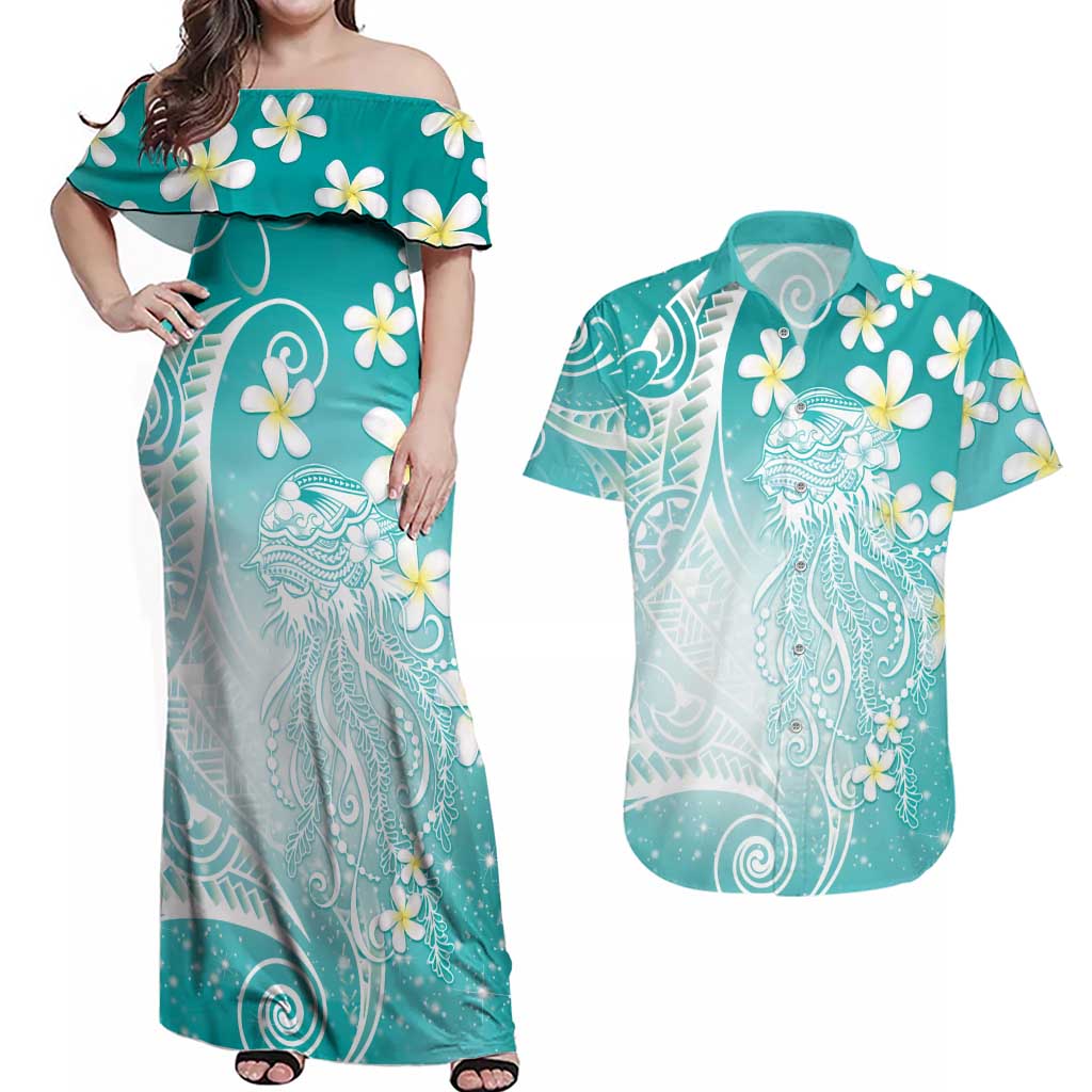 Polynesian Jellyfish Couples Matching Off Shoulder Maxi Dress and Hawaiian Shirt With Plumeria Teal LT05 Teal - Polynesian Pride