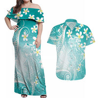 Polynesian Jellyfish Couples Matching Off Shoulder Maxi Dress and Hawaiian Shirt With Plumeria Teal LT05 Teal - Polynesian Pride