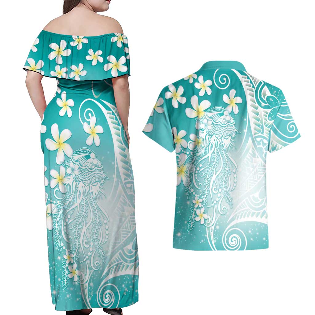 Polynesian Jellyfish Couples Matching Off Shoulder Maxi Dress and Hawaiian Shirt With Plumeria Teal LT05 - Polynesian Pride