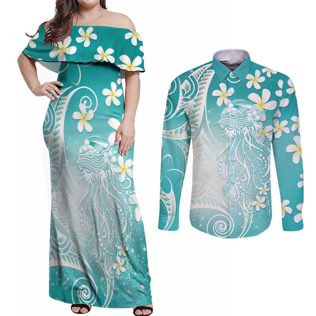 Polynesian Jellyfish Couples Matching Off Shoulder Maxi Dress and Long Sleeve Button Shirt With Plumeria Teal LT05 Teal - Polynesian Pride