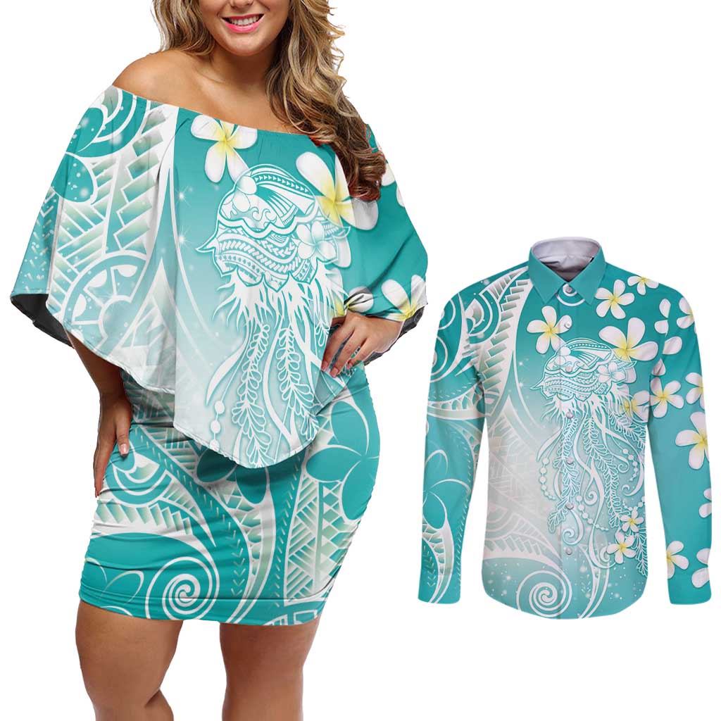 Polynesian Jellyfish Couples Matching Off Shoulder Short Dress and Long Sleeve Button Shirt With Plumeria Teal LT05 Teal - Polynesian Pride
