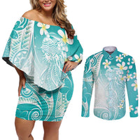 Polynesian Jellyfish Couples Matching Off Shoulder Short Dress and Long Sleeve Button Shirt With Plumeria Teal