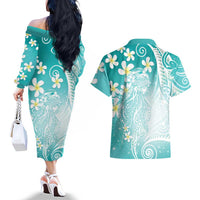 Polynesian Jellyfish Couples Matching Off The Shoulder Long Sleeve Dress and Hawaiian Shirt With Plumeria Teal LT05 - Polynesian Pride