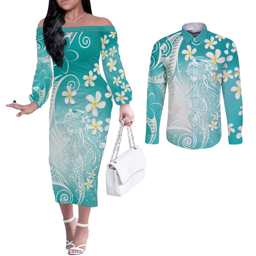 Polynesian Jellyfish Couples Matching Off The Shoulder Long Sleeve Dress and Long Sleeve Button Shirt With Plumeria Teal LT05 Teal - Polynesian Pride